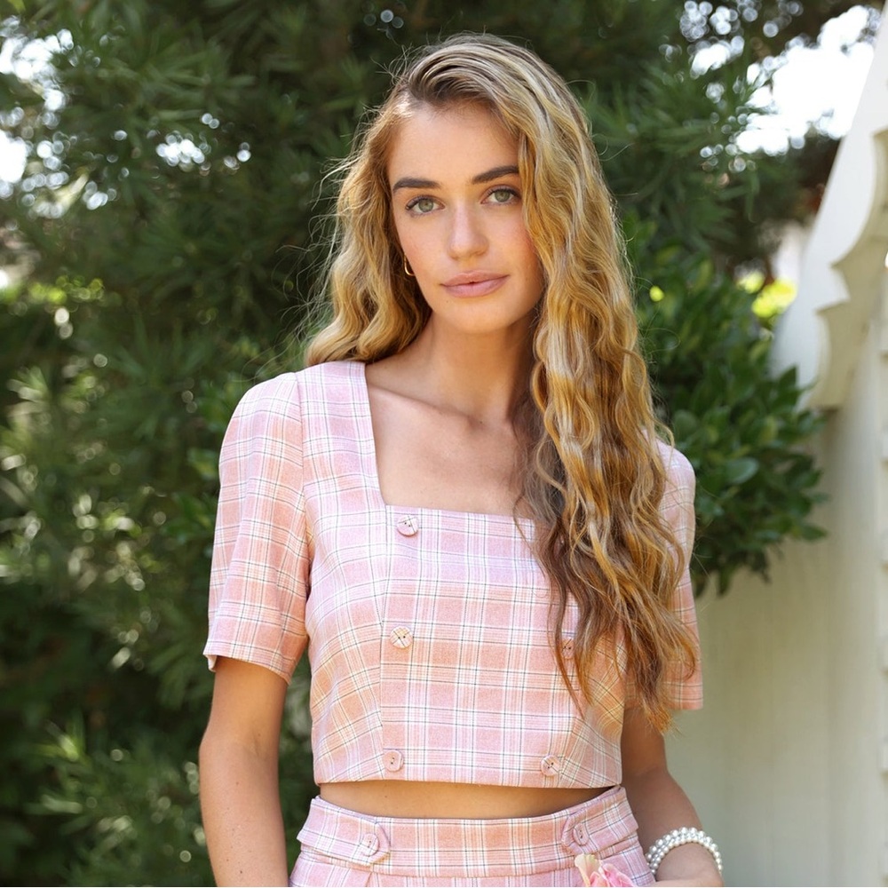 Adelyn Rae VIOLET PLAID DOUBLE BREASTED CROP TOP, NWT